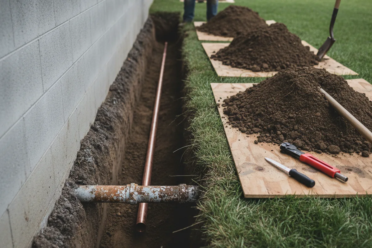 Excavated water line trench during Water Softener Installation in Victor